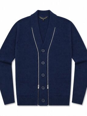 BCBG mix media merino wool Navy Button-Up Shawl Cardigan Sweater XS
